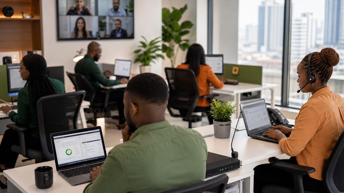 office team using dedicated bandwidth for cloud apps video calls and POS systems